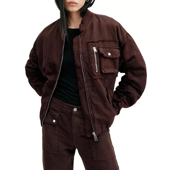NEW AllSaints Rue Bomber Jacket in Wine Size 10 #SJ2124